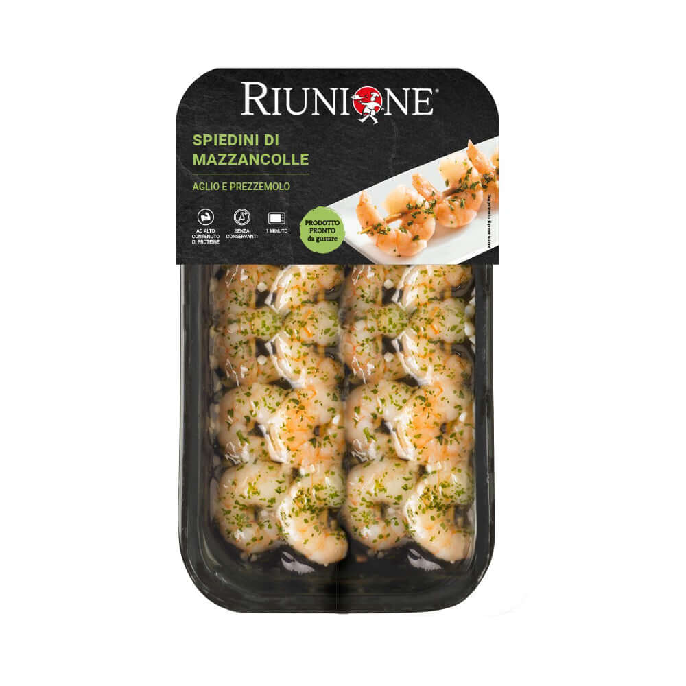 Spiedini di mazzancolle, aglio e prezzemolo