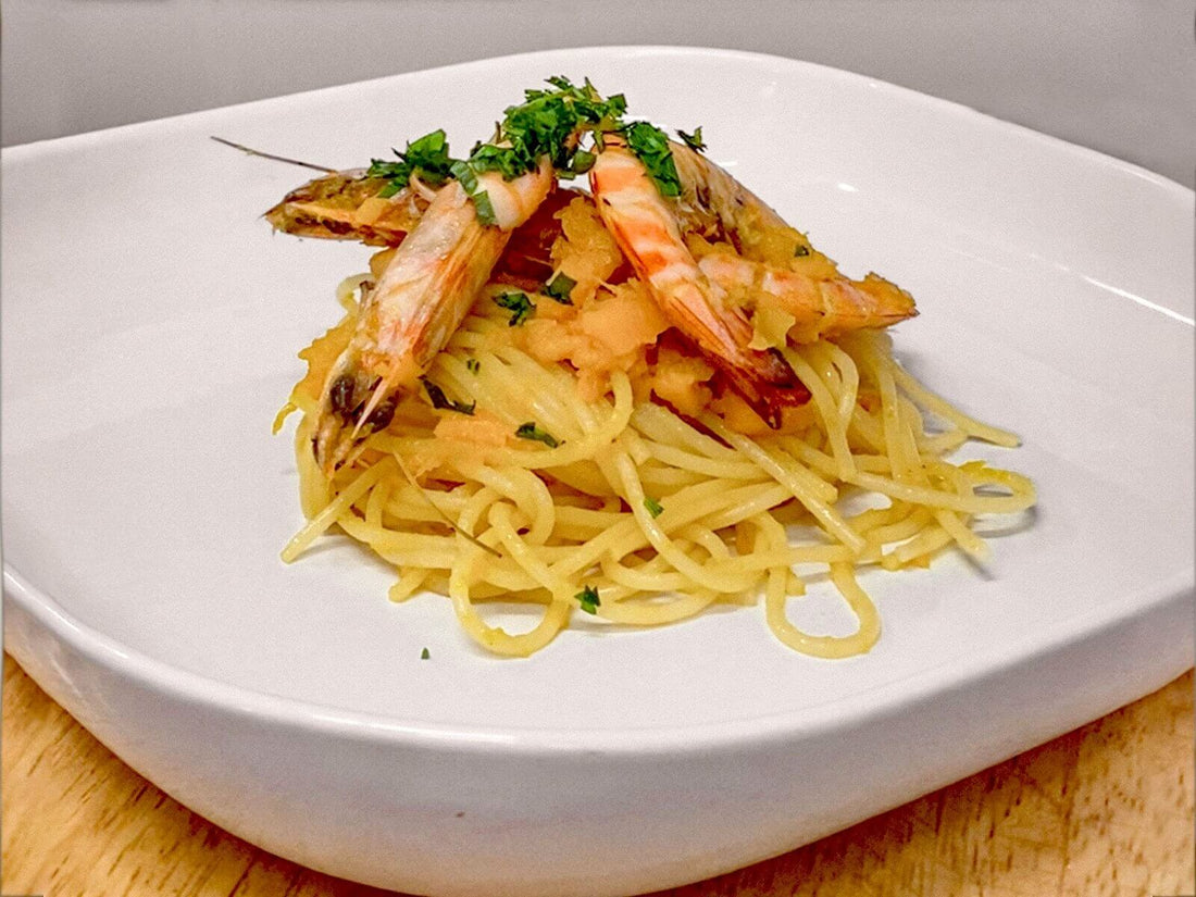 Spaghetti con zucca e mazzancolle