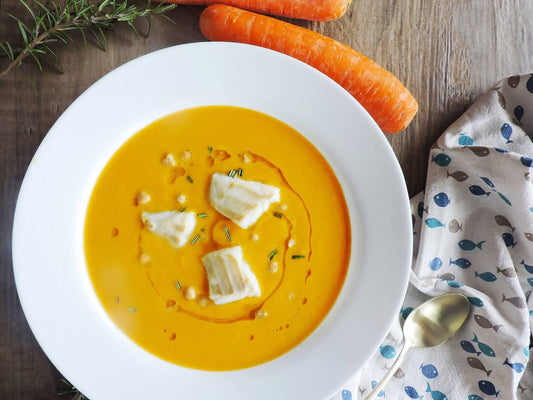 Cuori di merluzzo su crema di carote, patate e ceci