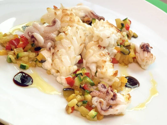 Calamari con ricotta al limone e ratatouille