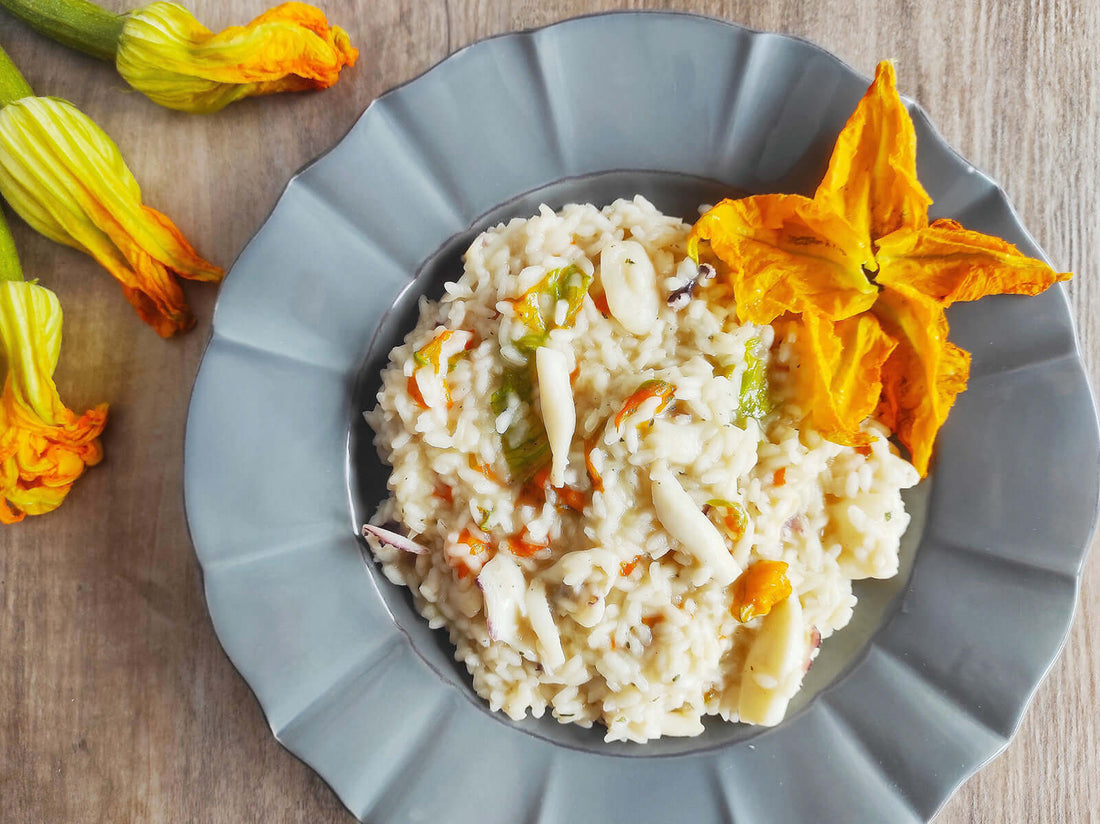 Risotto alle seppie e fiori di zucca