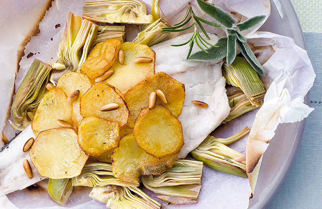 Filetti di cefalo con carciofi e patate