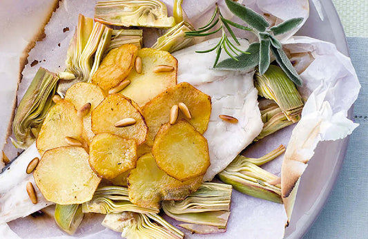 Filetti di cefalo con carciofi e patate