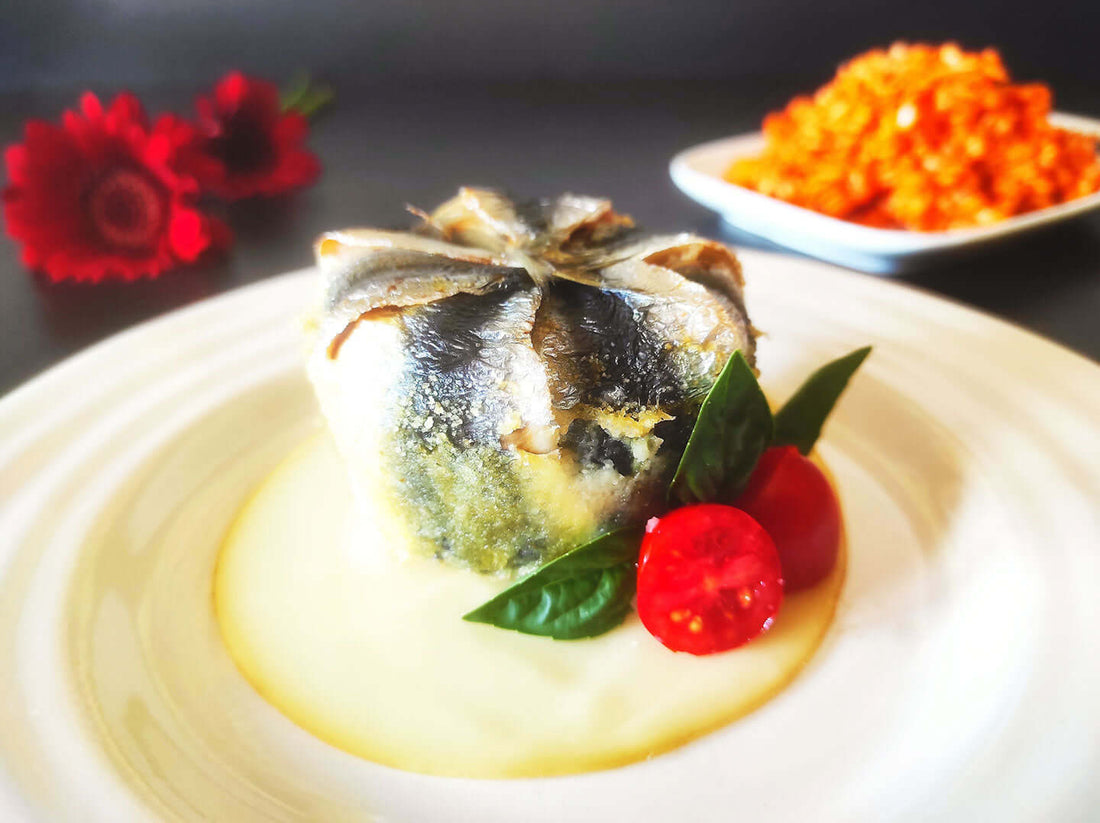 Tortino di sardine, riso al pomodoro e scamorza affumicata